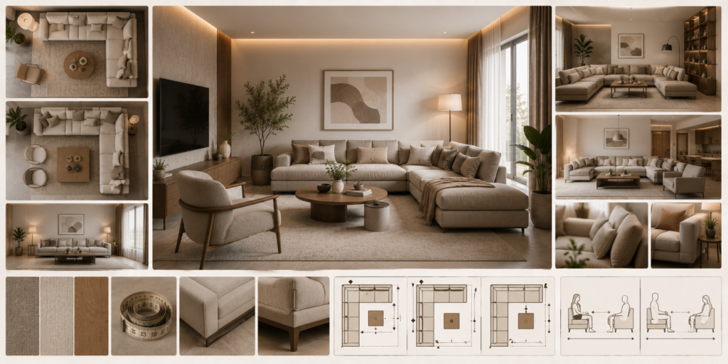 تعرف على خطوات تصميم غرف المعيشة وتحديد مقاس الانتريه وتوزيع الكنب والطاولات قبل اختيار الشكل، مع حلول للحركة والغرف الصغيرة والجلسات.