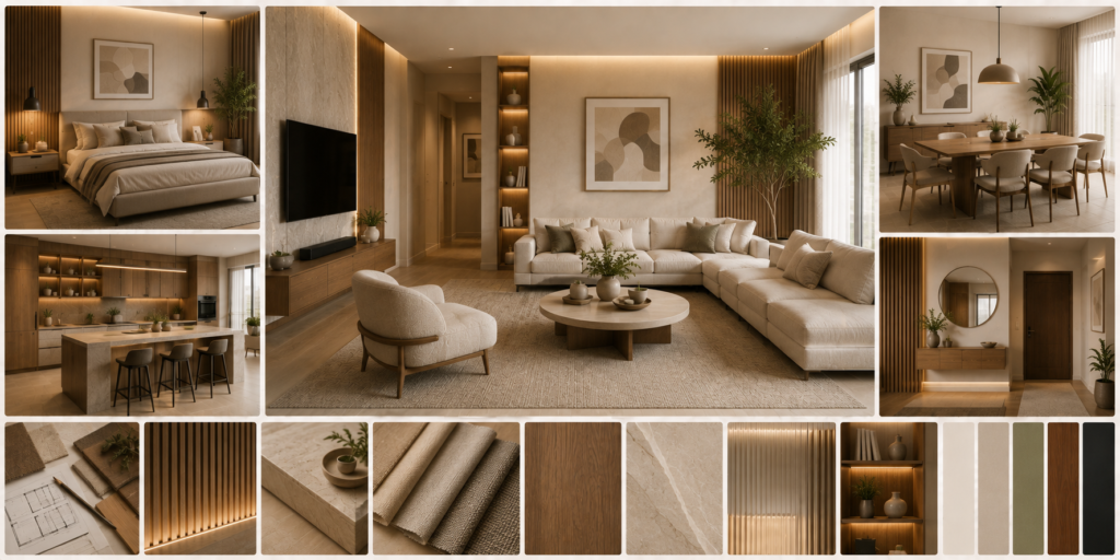 دليل تصميم ديكور داخلي من توزيع المساحة والأثاث إلى اختيار الألوان والخامات والإضاءة، مع خطوات تنفيذ التصميم الداخلي وأهم الأساسيات.